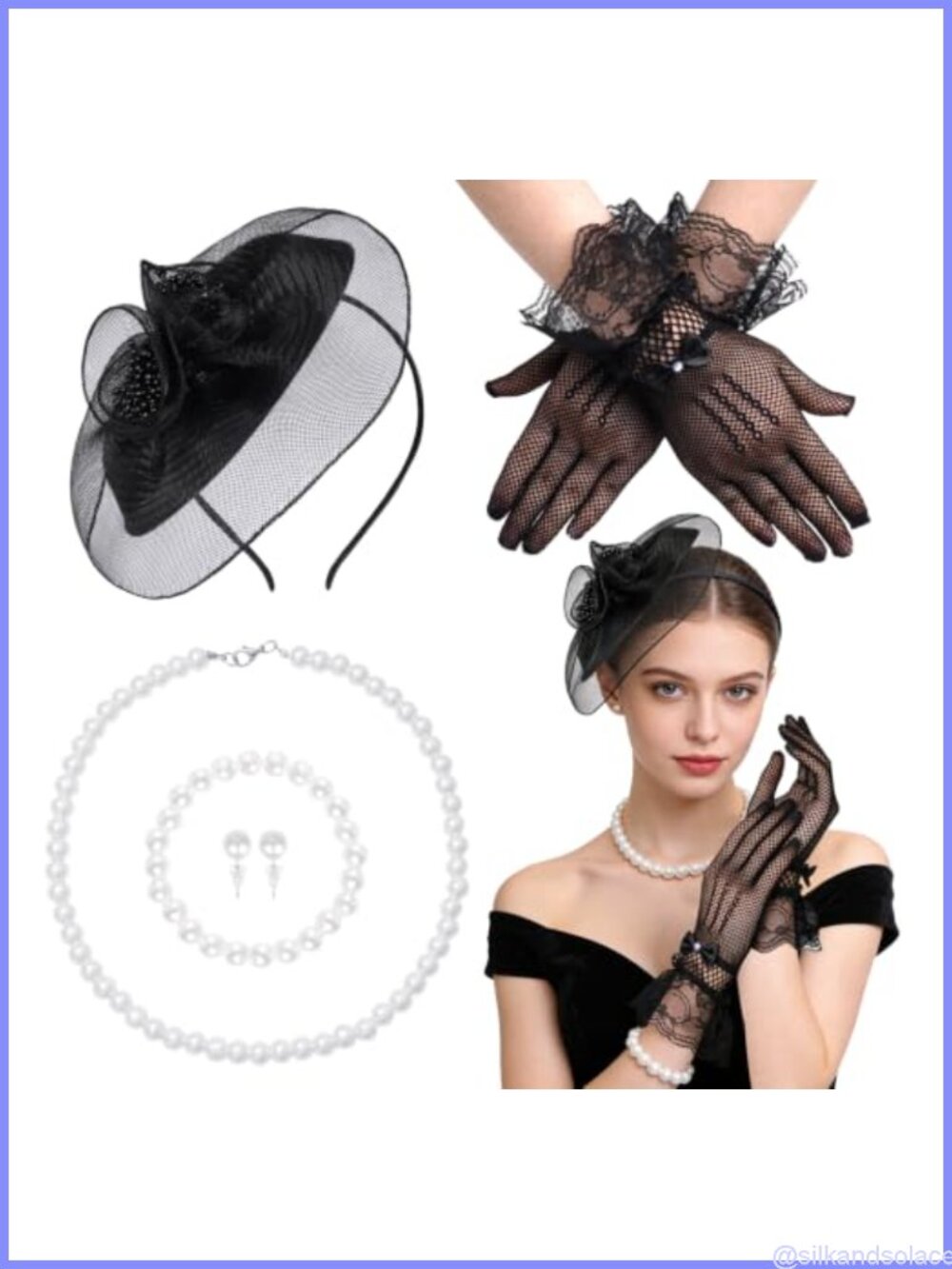 Womens Fascinators Hat Tea Party Set Lace Gloves Pearl Jewelry Set